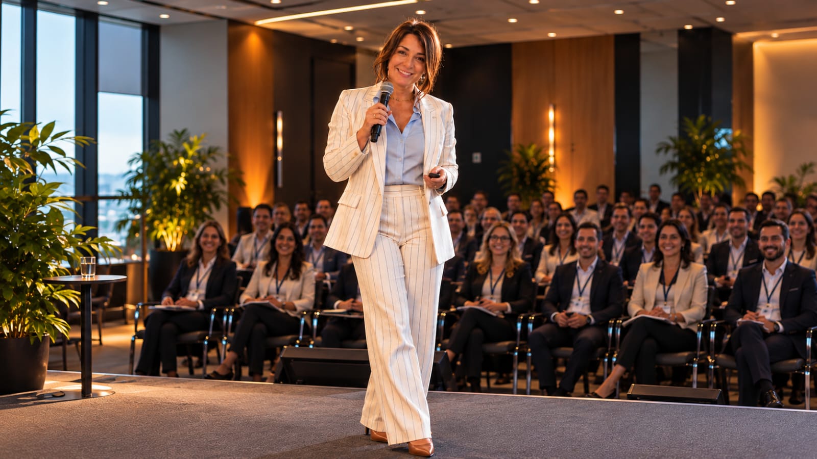 Christiane conduzindo uma palestra corporativa para uma plateia